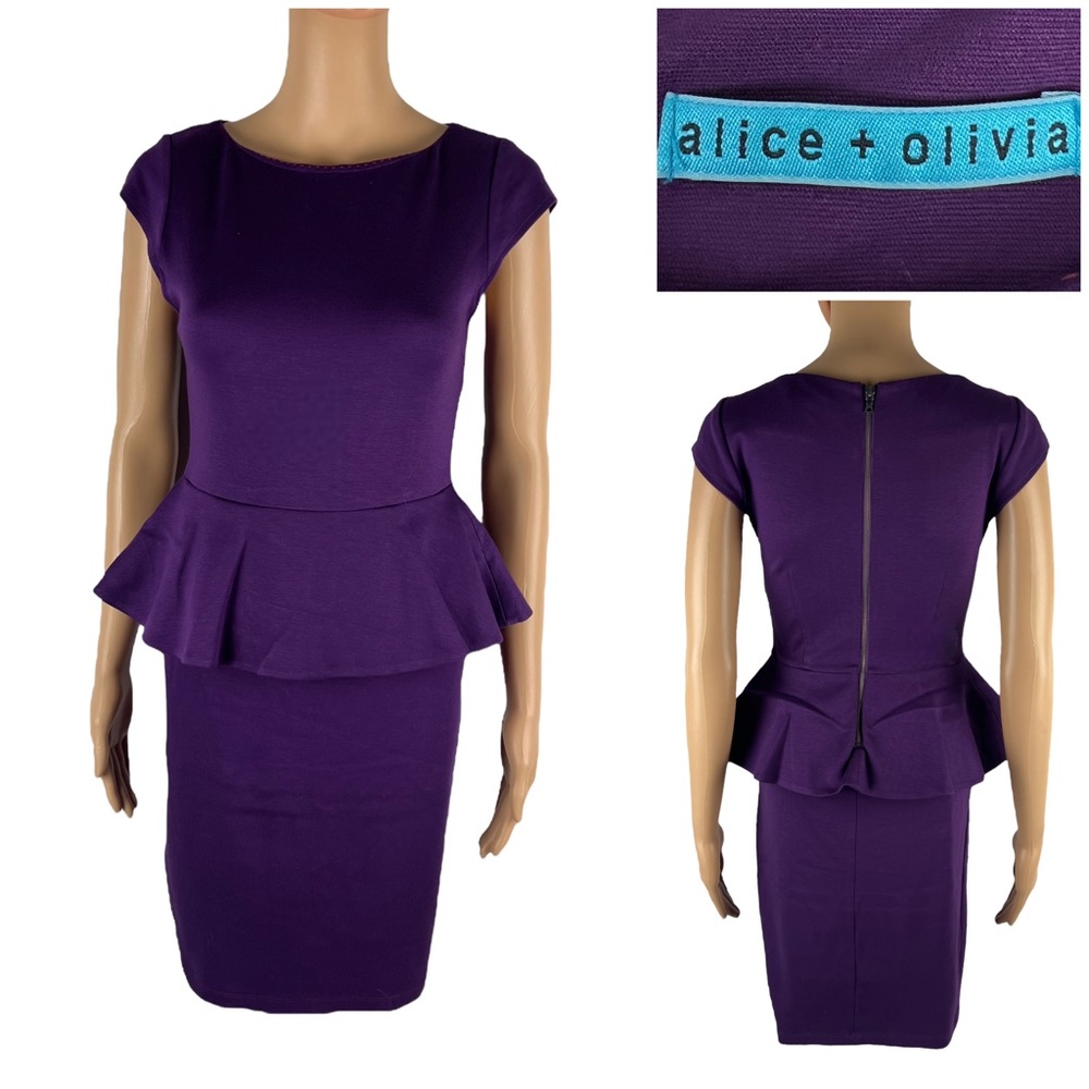Alice Olivia Womens 4 Dress Cap Sleeves Sheath Knee Length Peplum Purple Casual